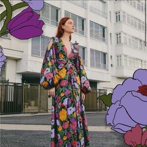 Farm Rio Floral Maxi Dress with Cutout Sleeves